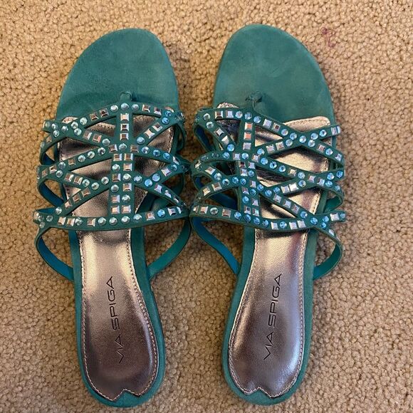 VIA‎ SPIGA DUSTIN Green Suede Jeweled Designer Fashion Thongs Sandals 7.5/ $155 - Picture 9 of 10